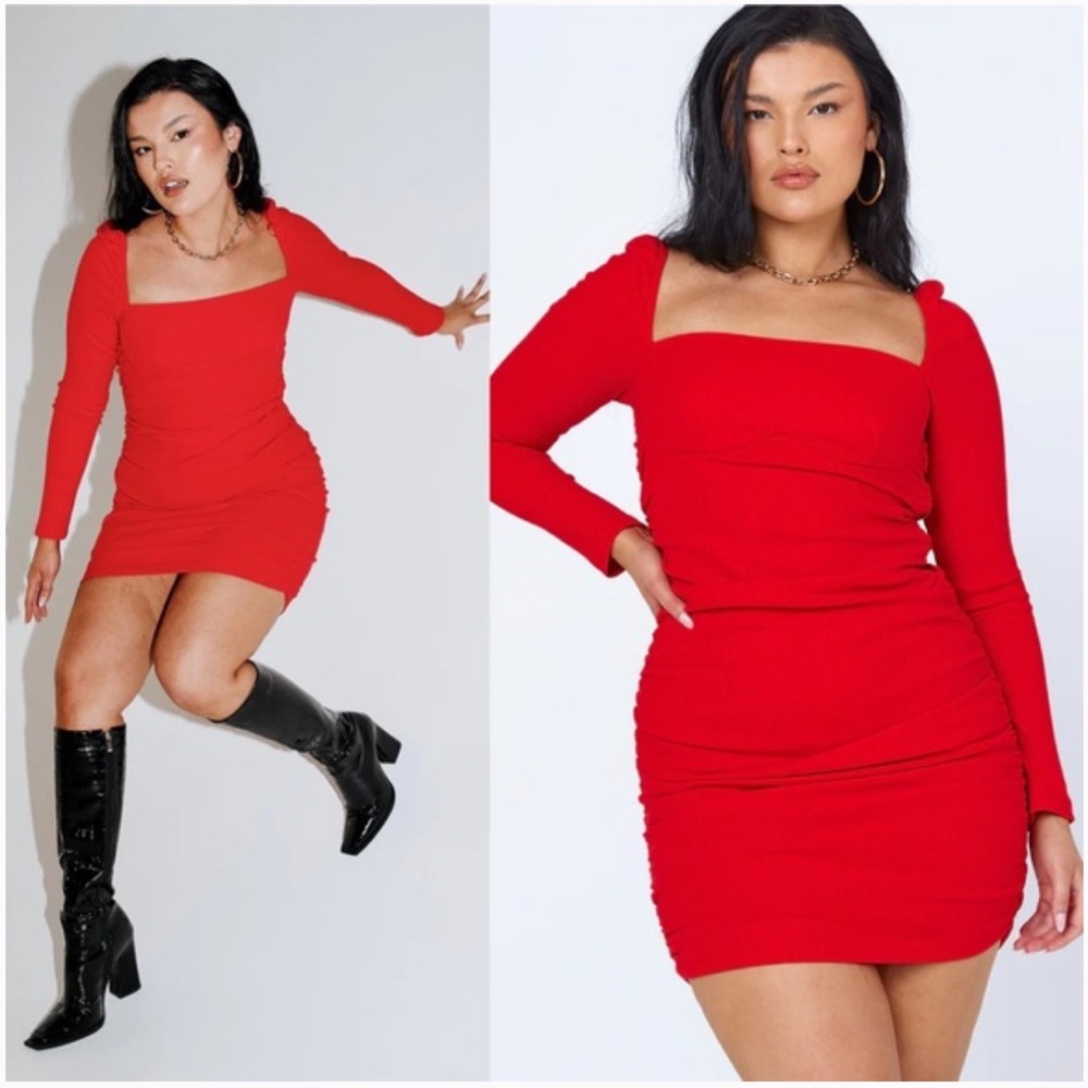 Princess Polly Portia Red Ruched Square Neck Long Sleeve Mini Dress Womens 2